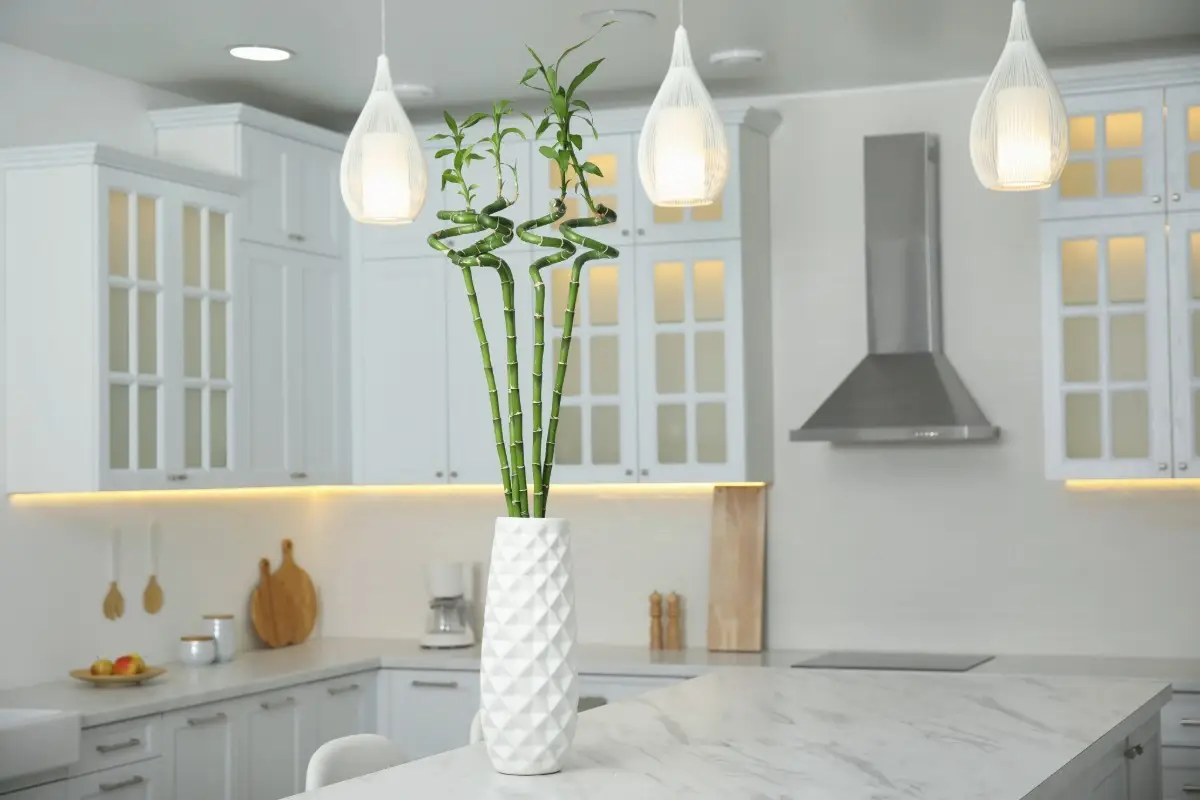 A clean and organized kitchen with white cabinets and wooden accents, designed to cultivate nourishing energy according to feng shui philosophy.