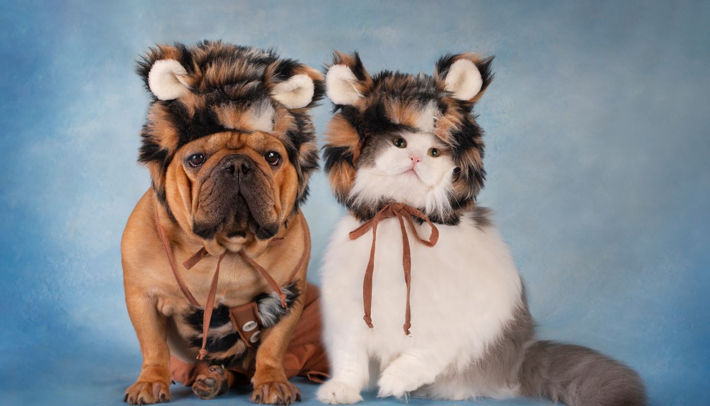 Two dogs dressed in funny Halloween costumes, one as a lion and the other with a brown wig.