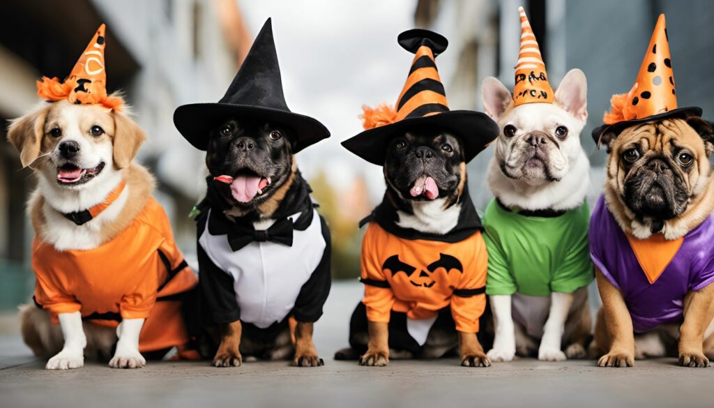 A group of five adorable dogs wearing witch and wizard hats as part of their Halloween costumes.