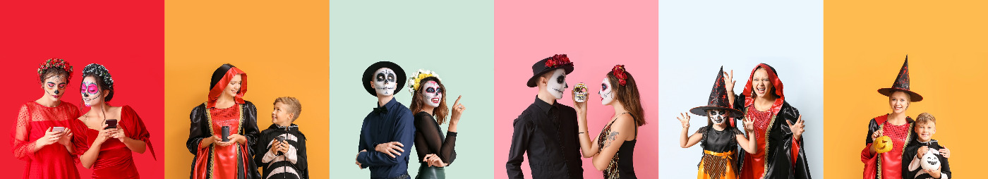 A colorful collage showing different people dressed up in creative Halloween costumes for a party.