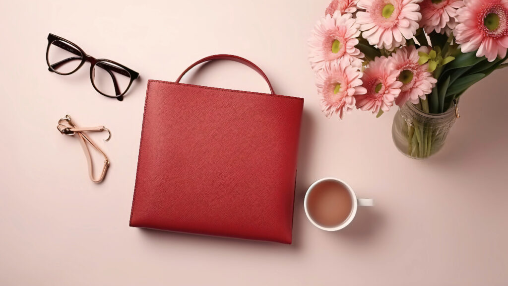 An elegant flat lay featuring a stylish red leather handbag, a cup of coffee, and a bouquet of pink flowers.