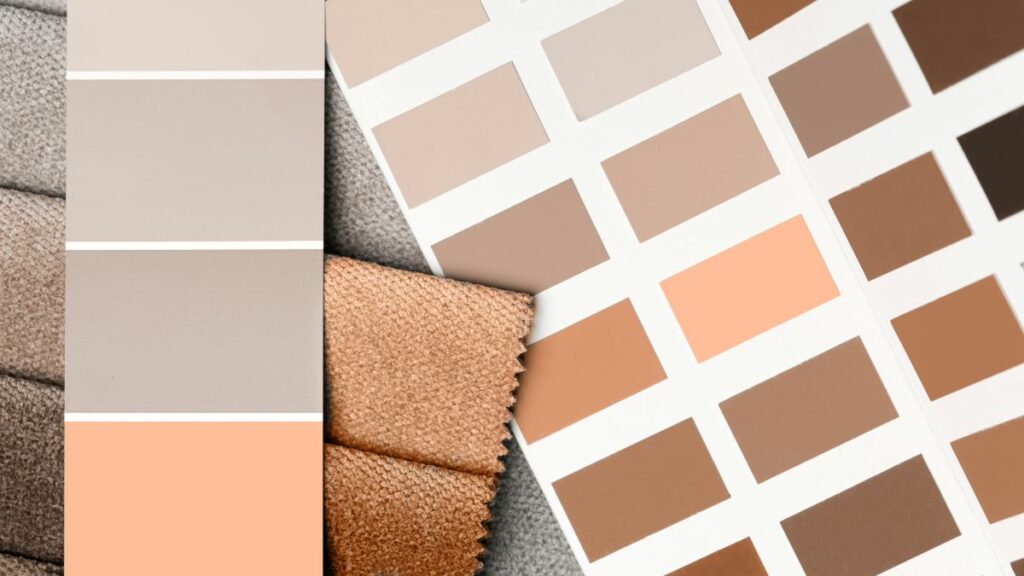 A design mood board showing a peach color palette of warm, earthy tones, including beige, brown, and peach fabric and paint swatches.