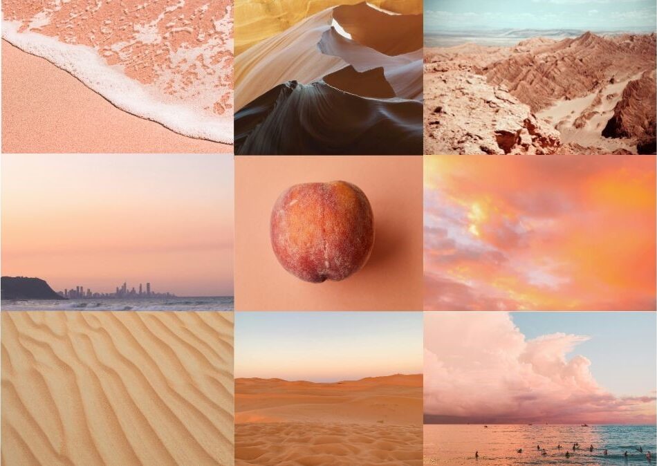 A mood board collage of nine images featuring warm, earthy tones like desert sand, a peach, and a sunset sky.