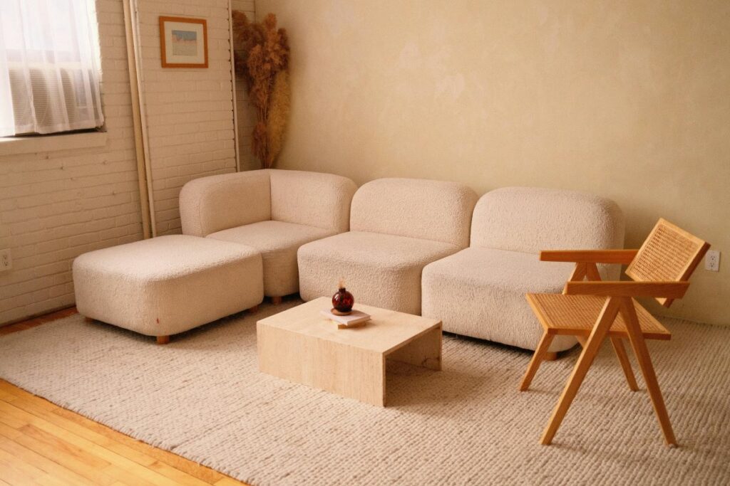 Peach fuzz minimalist interior design in a modern living room with a low-profile, modular beige sofa and a matching area rug.