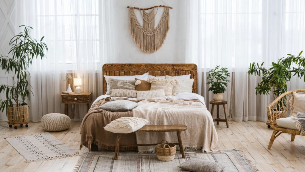 A tranquil, boho-style bedroom with a wooden bed, neutral-colored linens, and a macrame wall hanging.