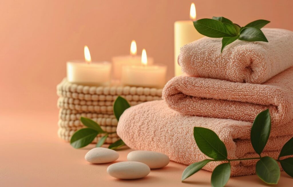 A relaxing spa scene with lit candles, rolled peach-colored towels, and smooth stones arranged in a woven basket.