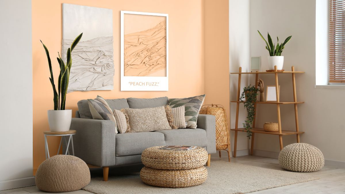 A modern living room with a grey sofa, a woven jute pouf, and a framed map on the peach-colored wall.