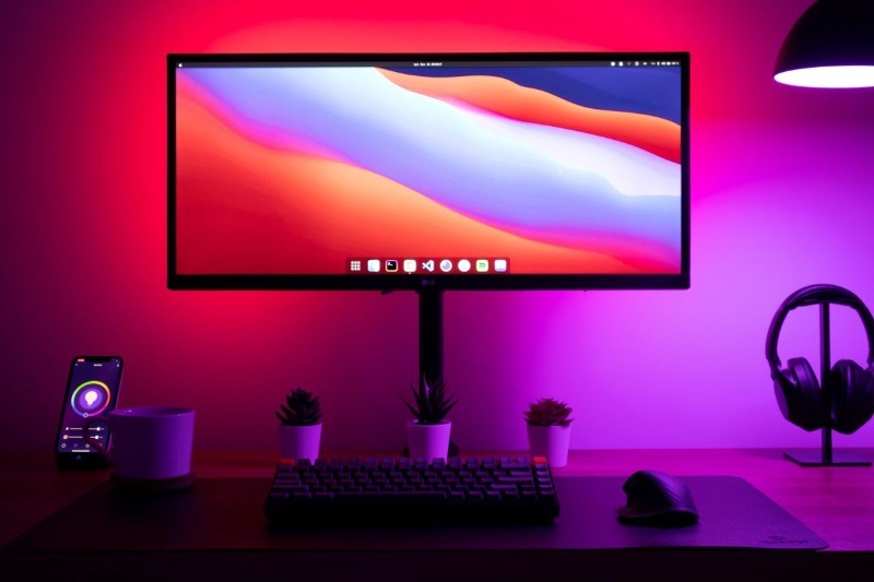 A modern computer desk setup with a monitor illuminated by vibrant purple and pink LED backlighting, creating a cool ambiance.
