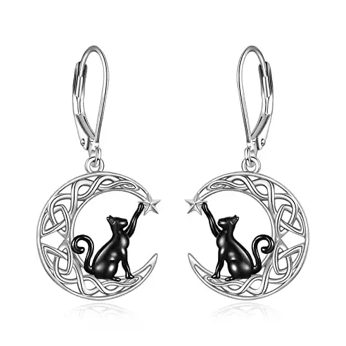 Halloween Earrings With Black Cat and Celtic Moon