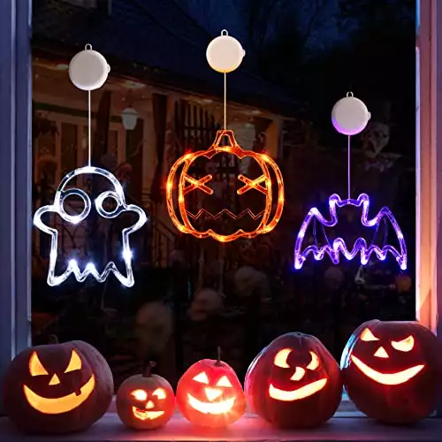 Halloween Window Lights - Orange Pumpkin, White Ghost And Purple Bat