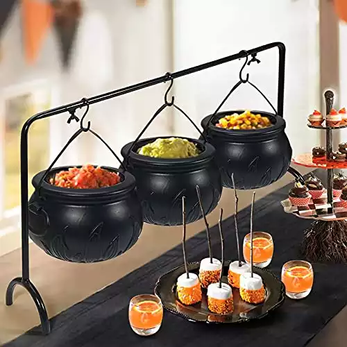 Set of Three Witches Cauldron Serving Bowls on Rack