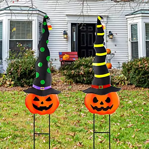 Halloween Garden Decorations - Metal Jack-O-Lantern Stakes with Witch Hats