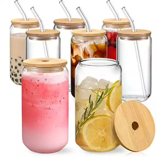 Drinking Glasses with Bamboo Lids and Glass Straw