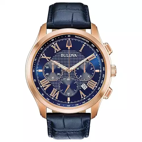 Bulova Men's Wilton 21-Jewel Watch, 60hr Power Reserve, Luminous Hands, Roman Numerals, Domed Sapphire Crystal, 43mm, Blue/Rose Gold