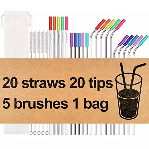 20 Pack Reusable Stainless Steel Metal Straws