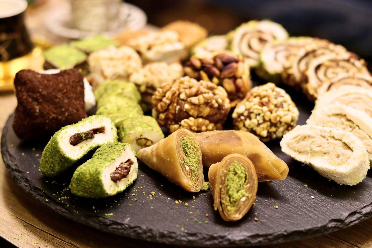 A platter of assorted Middle Eastern and North African sweets, a common and hospitable gift to bring to a Muslim wedding celebration.