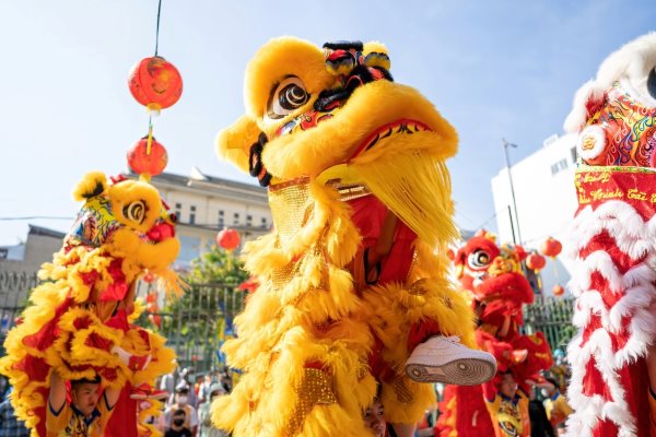 A vibrant Chinese Lion Dance performance, with a person in a bright yellow lion costume celebrating outdoors under red lanterns, a tradition for special occasions.