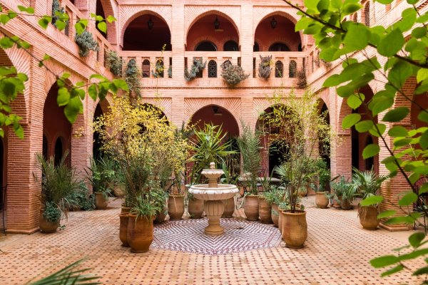 The sunlit interior courtyard of a traditional Moroccan Riad, filled with potted plants and palm trees surrounding a central water fontaine.